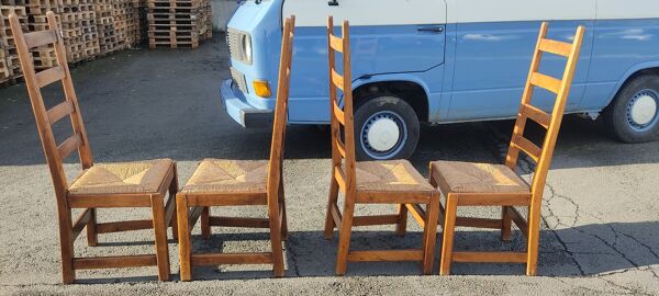 Ensemble de 4 chaises bois paille brutaliste