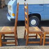 Set of 4 brutalist straw wood chairs
