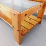 Vintage coffee table in pine and smoked glass from the 70s 80s