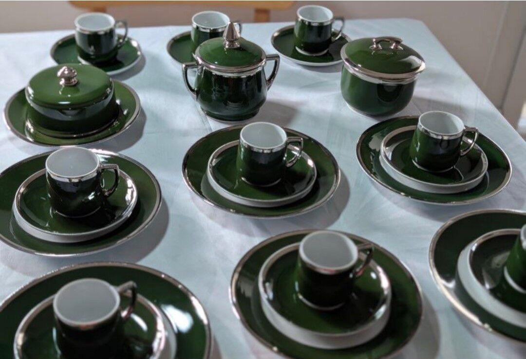 Antique service 31 pieces – S.P.M. Walküre Bavaria – Empire Green & lace