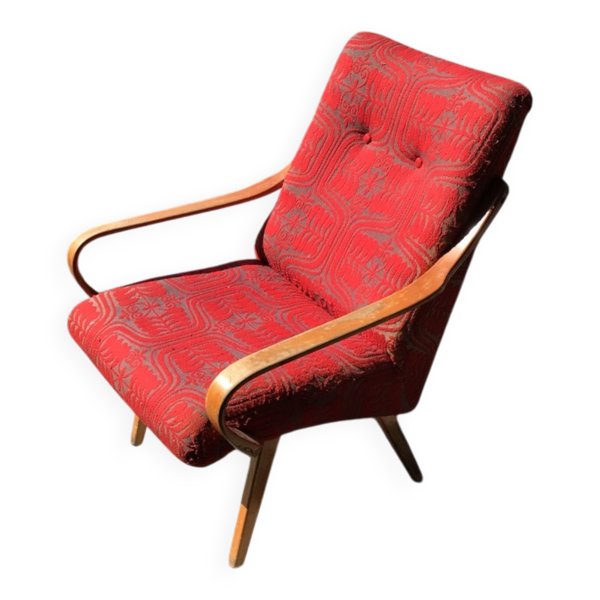 Vintage Czechoslovak armchair in wood and multicoloured fabric by Jaroslav Smidek (1960s)