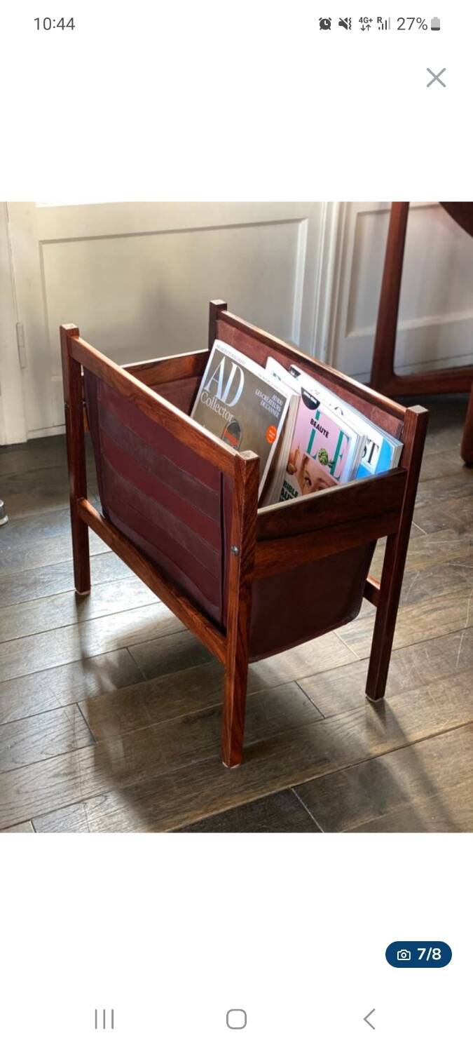 Scandinavian magazine rack/vinyl rack in Rio rosewood and leather by Torbjørn Afdal