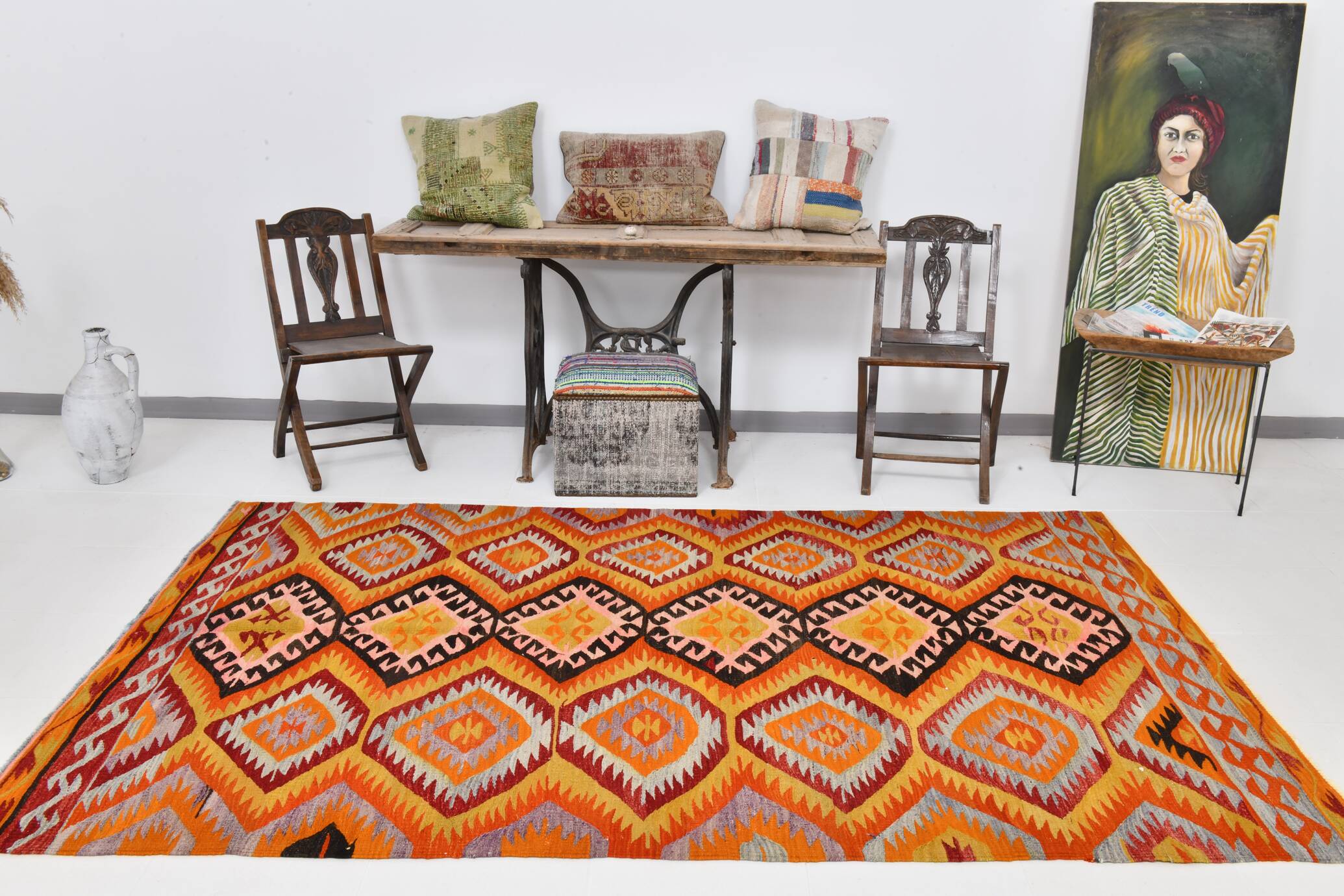 6x9 Orange & Balck Handmade Tribal Vintage Kilim Rug