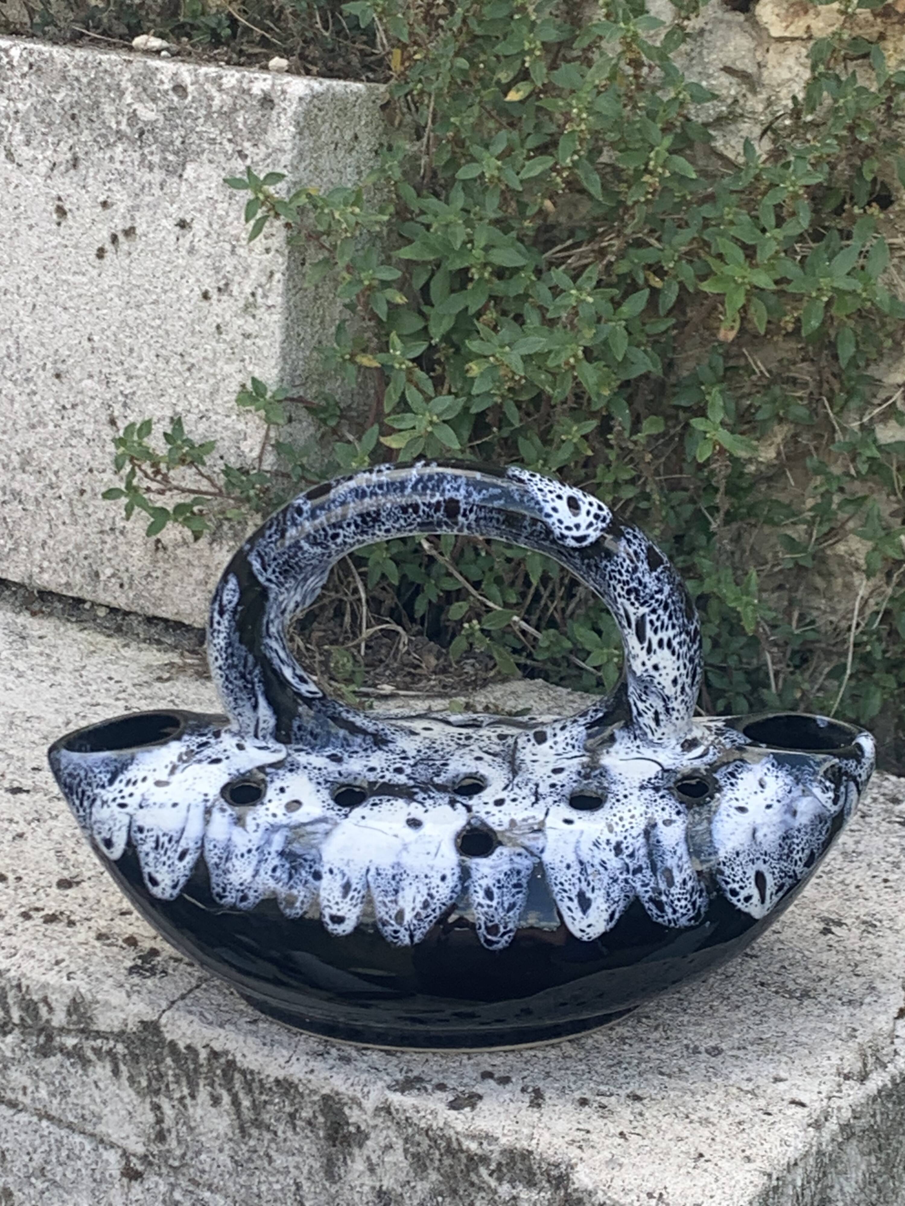 Midnight blue and white glazed ceramic flower pick, 1960/1970, vintage