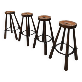 Tabourets de bar vintage en cuir espagnol « Brutalisme »