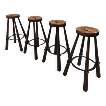 Tabourets de bar vintage en cuir espagnol « Brutalisme »