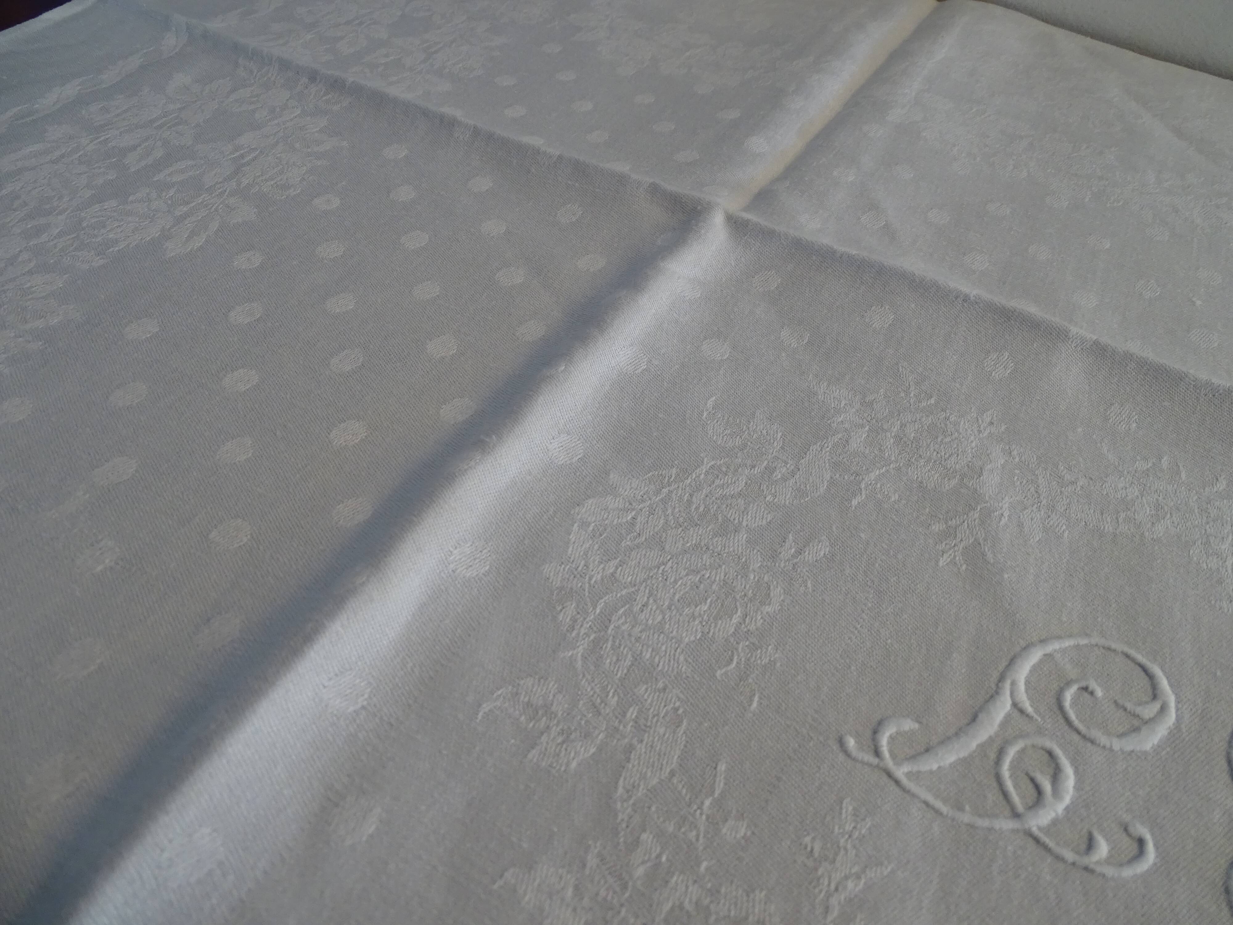 10 old embroidered napkins with L.J monogrammed damask cotton