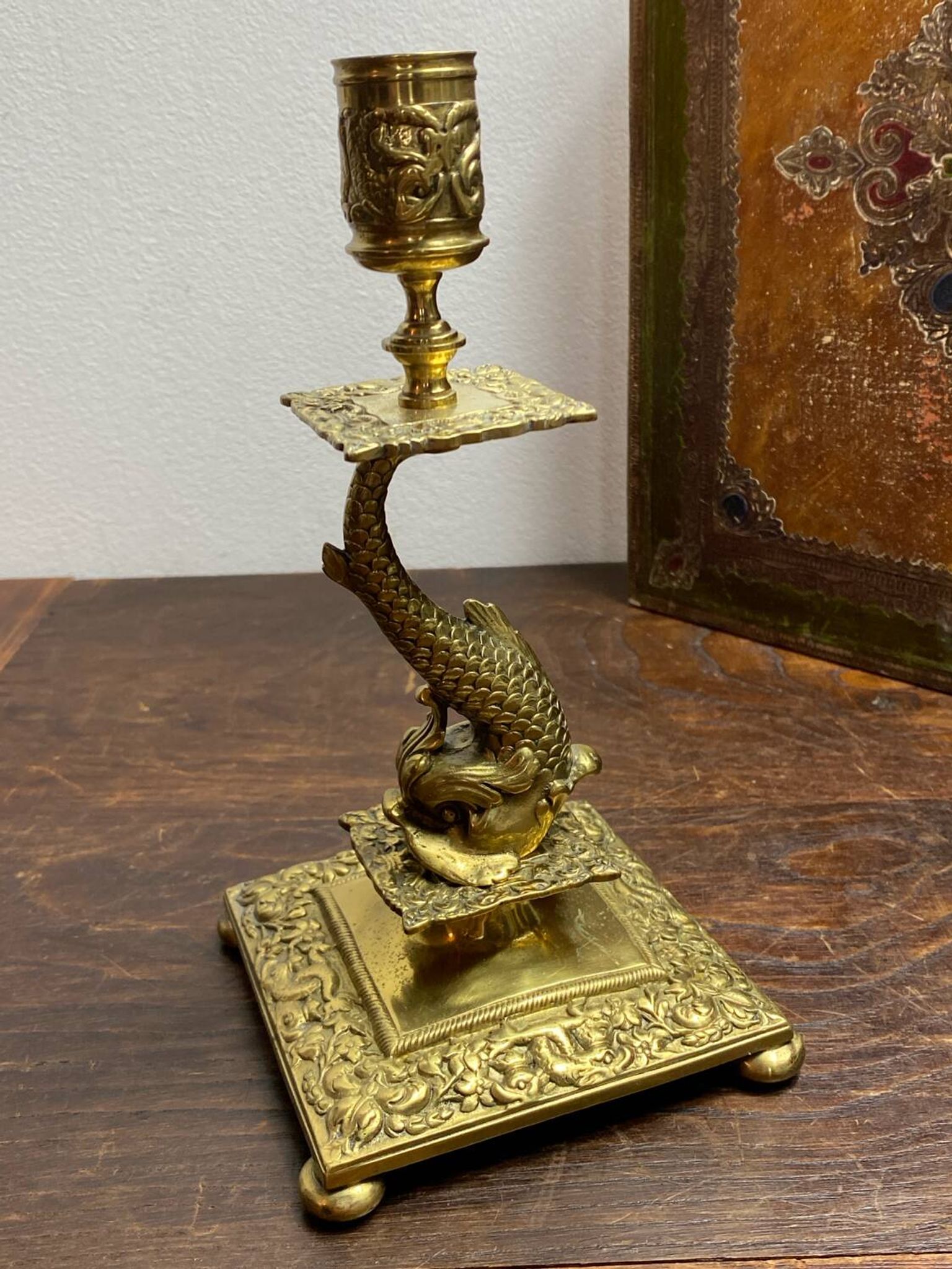 Bronze fish candlestick, late 19th century