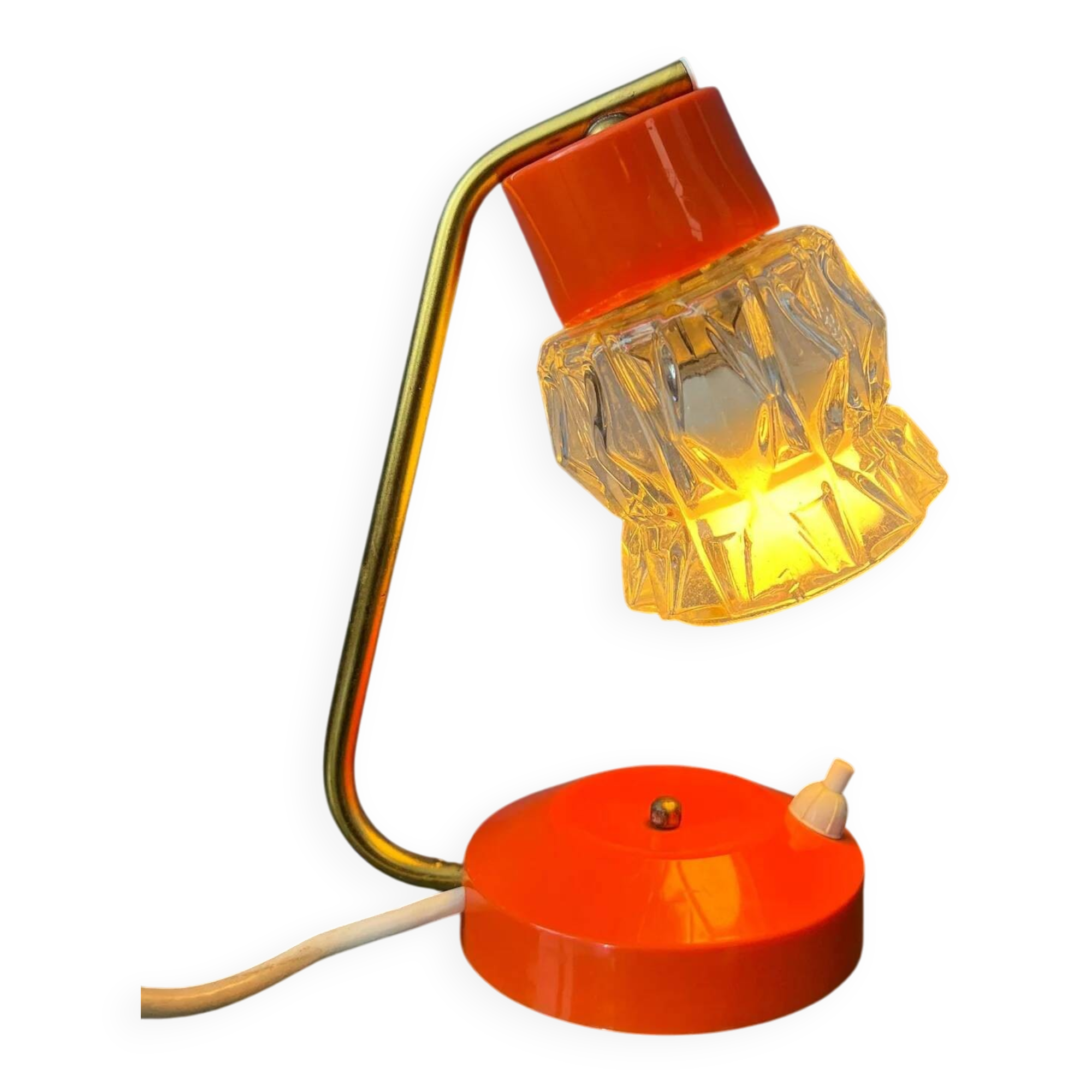 Small orange desk lamp with clear crystal glass shade