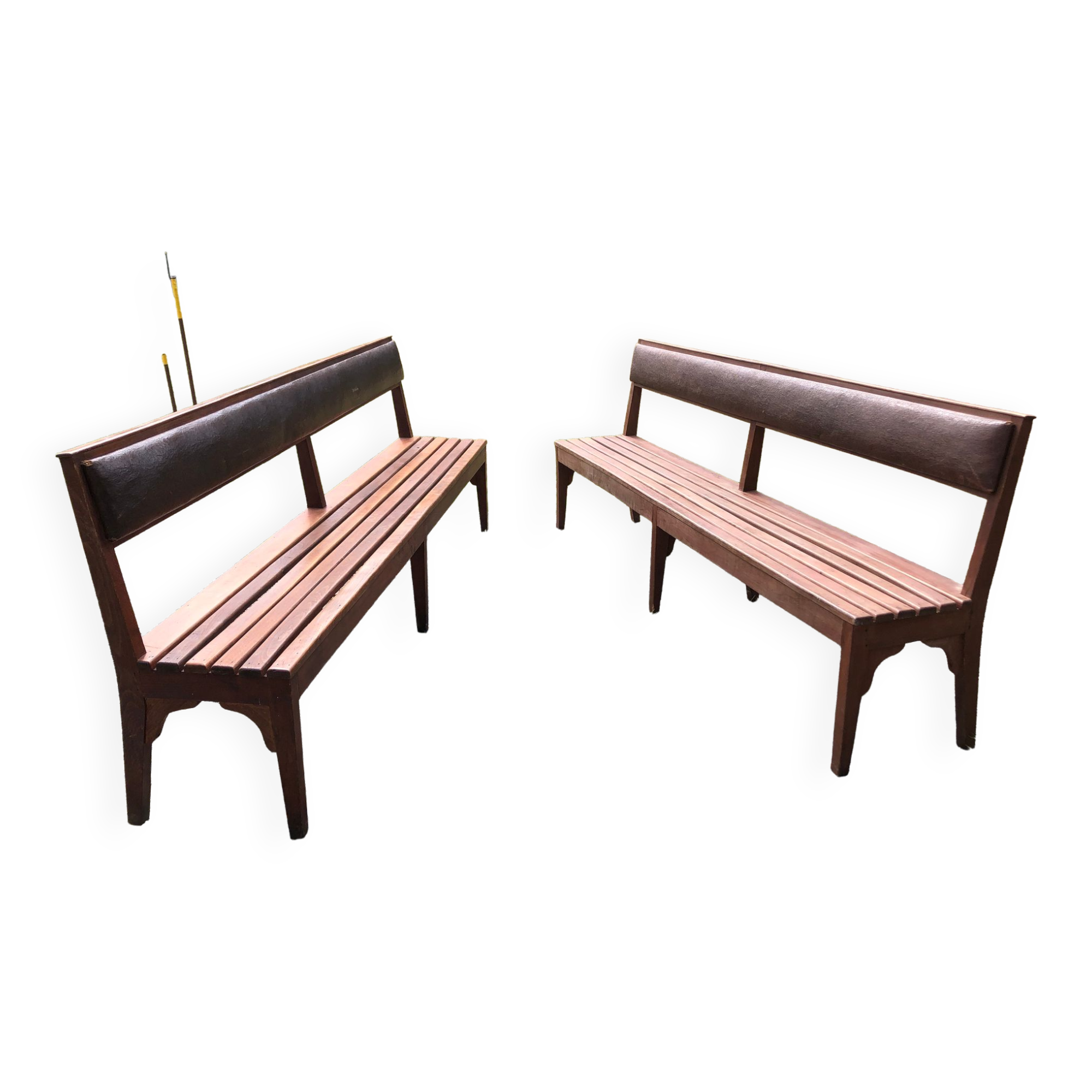 Duo of vintage church benches in solid beech