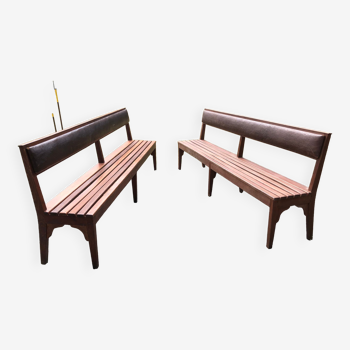 Duo of vintage church benches in solid beech