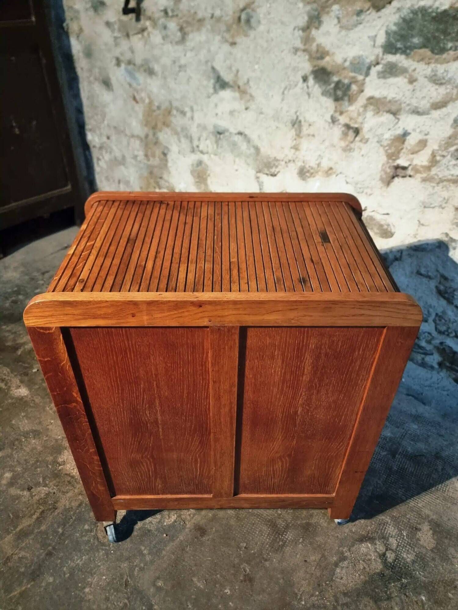 Vintage French oak office rolling cabinet with tambour door, 1950s.