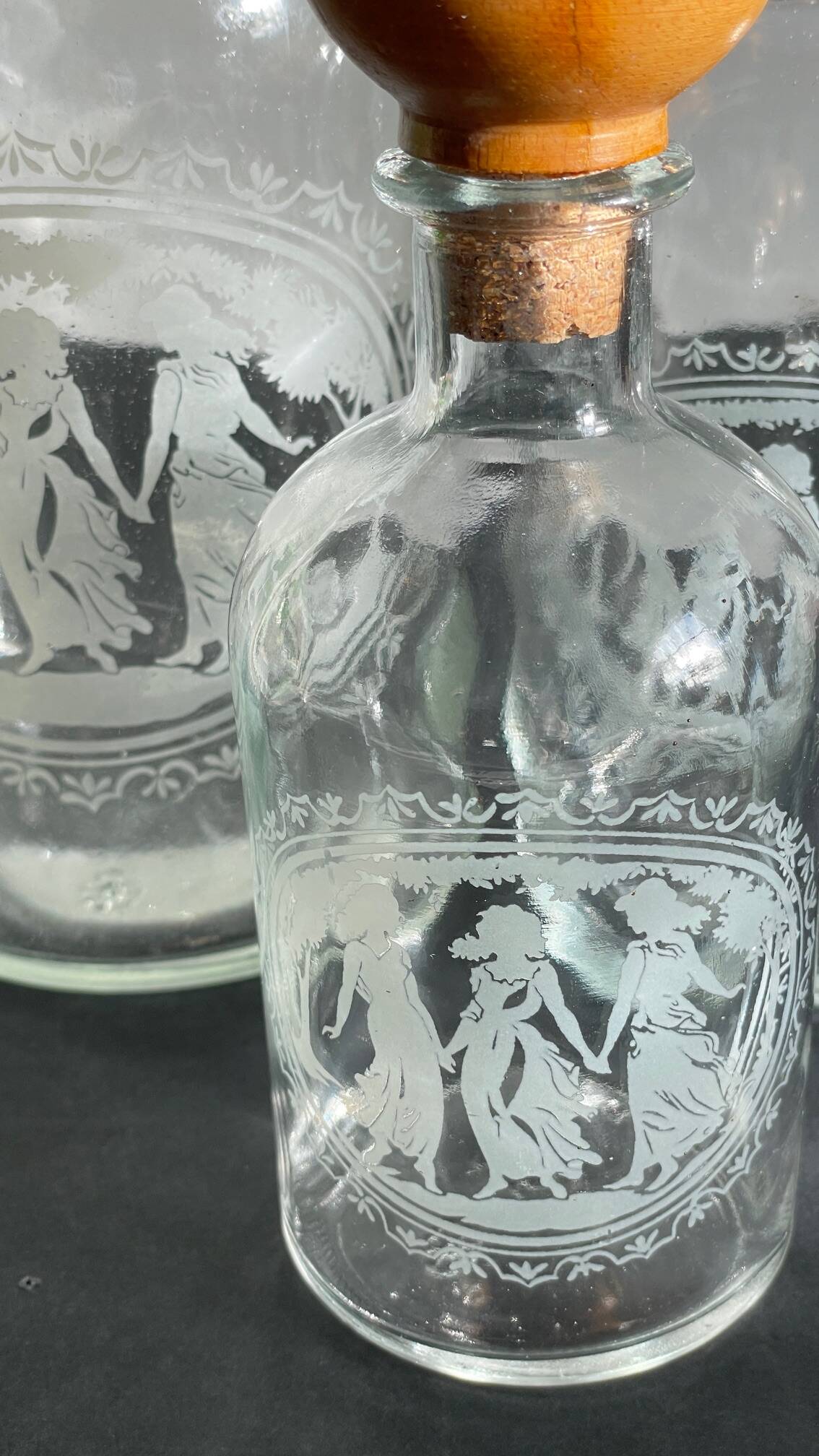 BOTTLES Engraved Glass and VINTAGE Wood