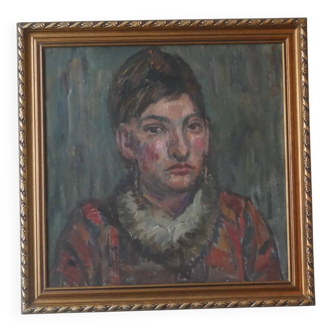 Portrait oil on wood Josef Santen Dutch painter Scandinavian countryside decoration golden frame