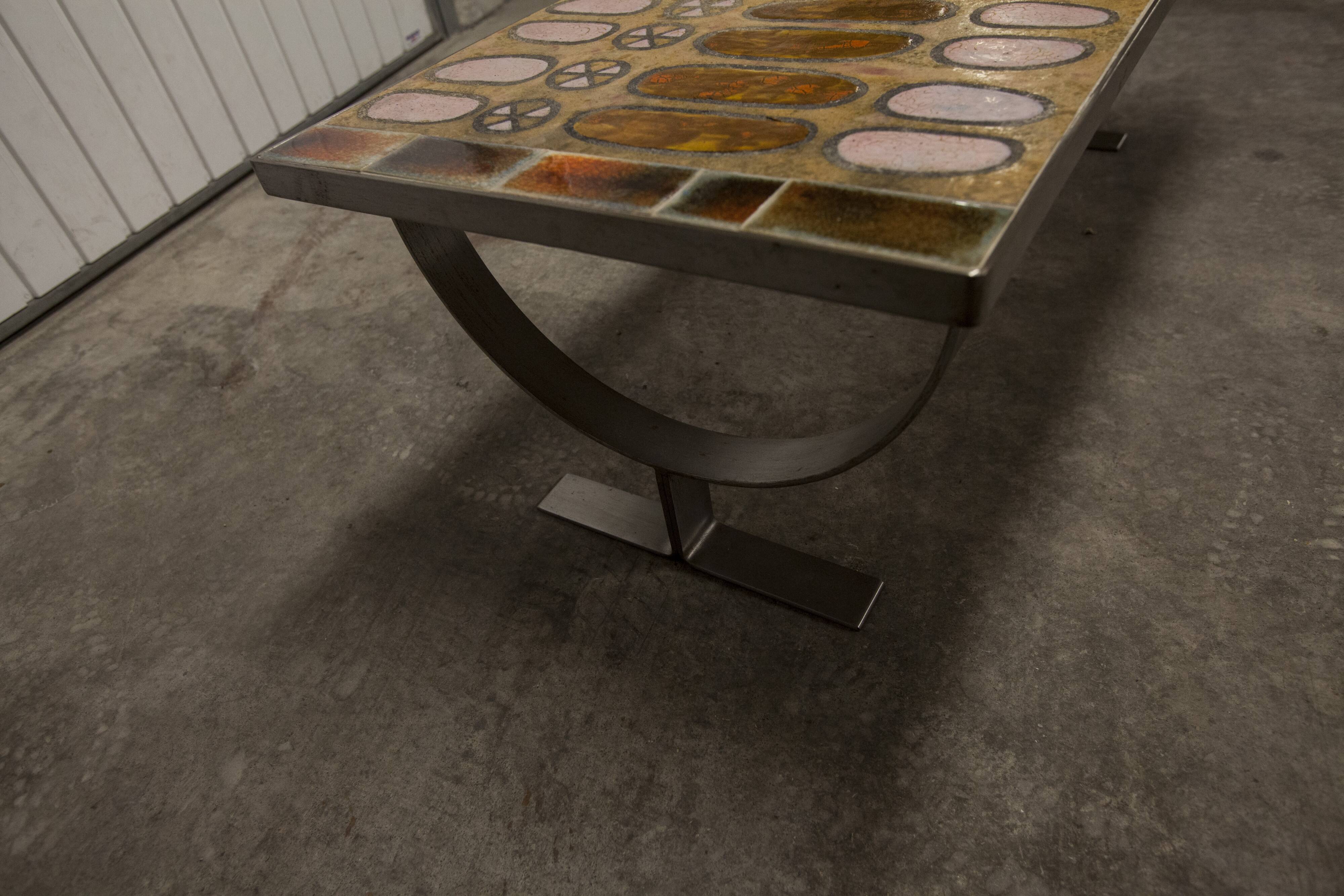 Ceramic coffee table and brushed steel Roche Bobois design Gregorieff 70s, 108x47cm