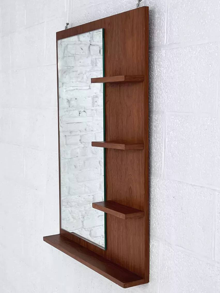 Scandinavian wooden mirror with integrated shelves