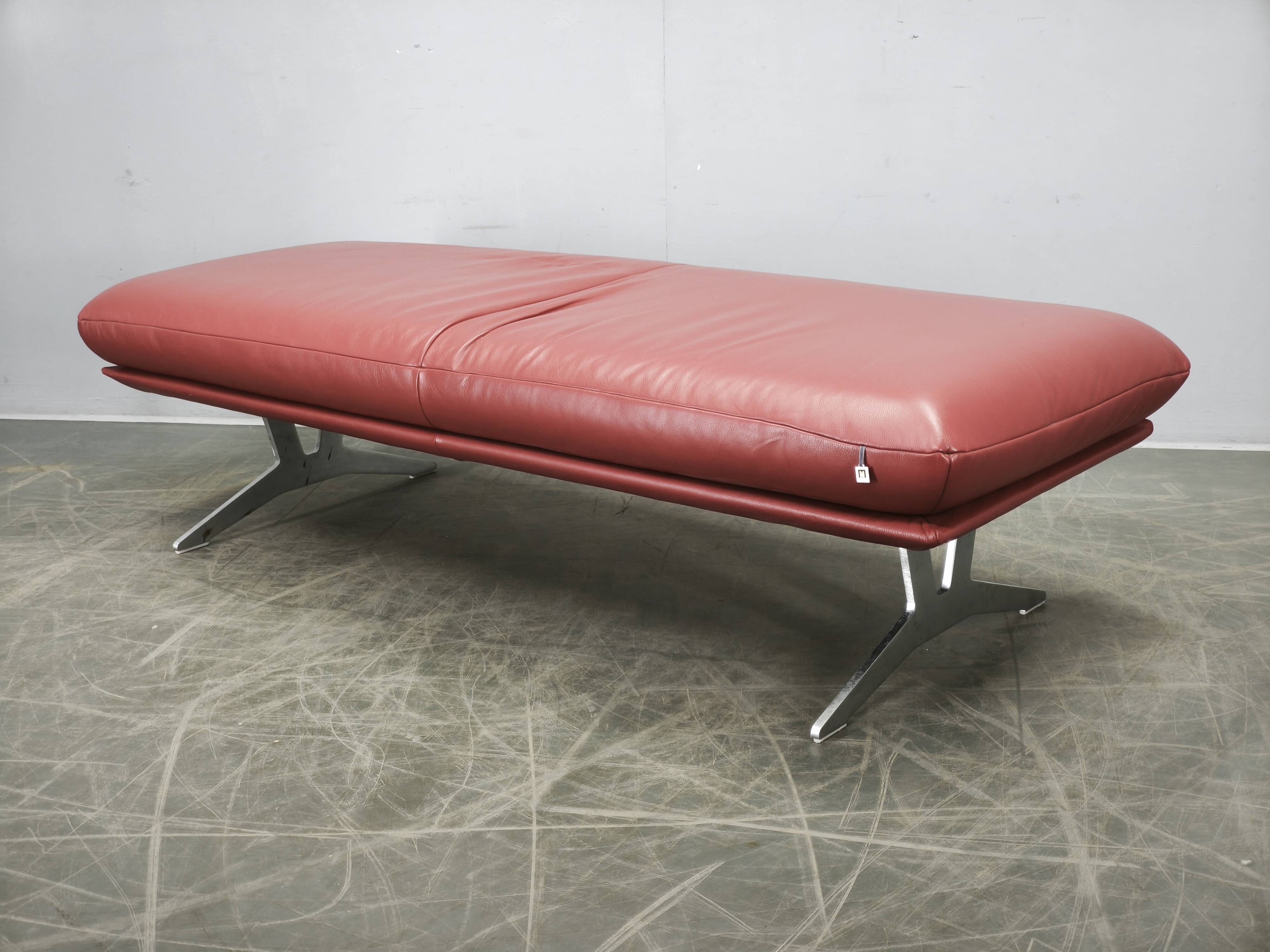 German Koinor Leather Bench with Brushed Stainless Steel Base 2020s
