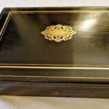 Napoleon III blackened pear wood and brass game box with bone tokens