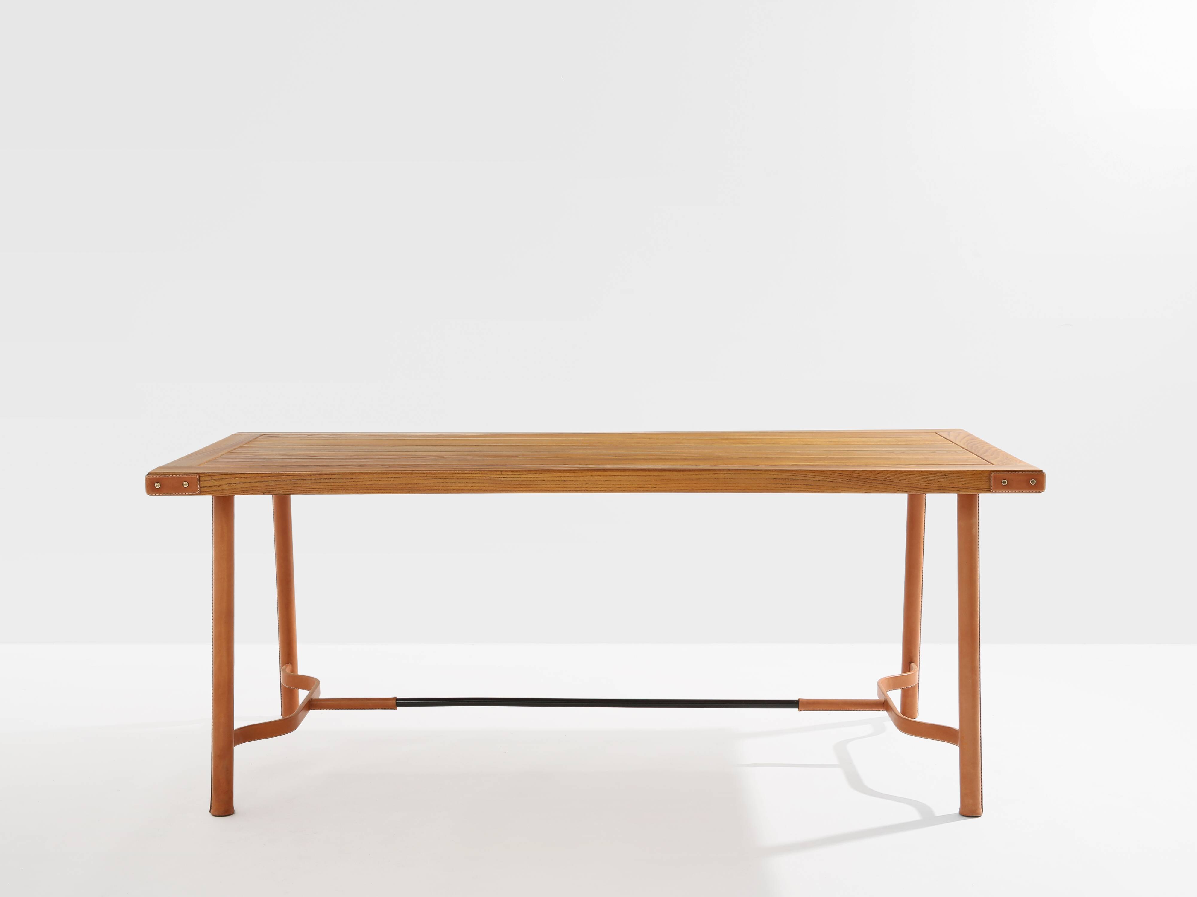 Jacques Adnet dining table oak red leather brass 1950