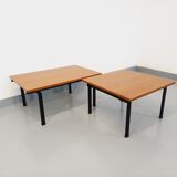 Suite of two vintage modernist Isa coffee tables in teak and black metal from the 60s