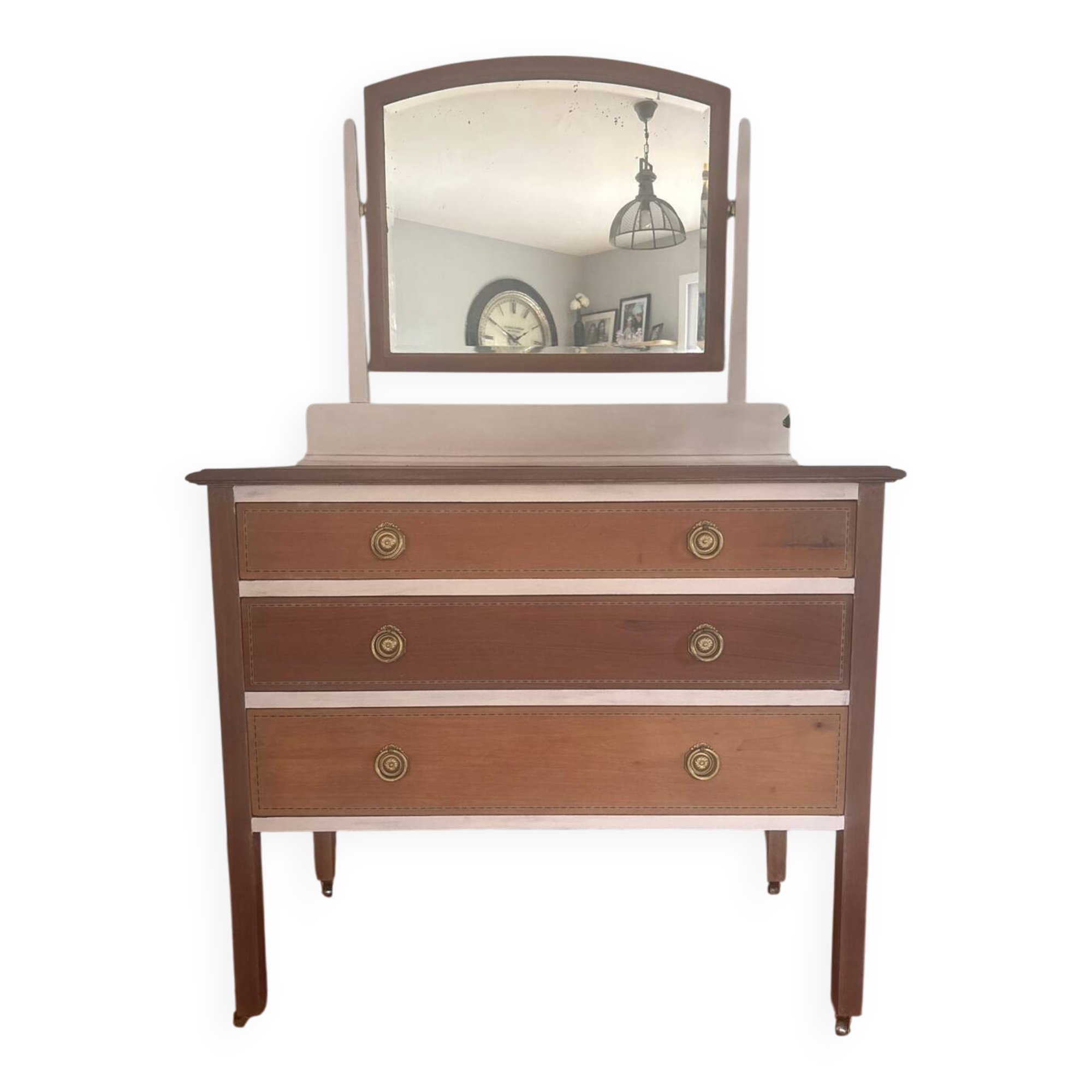 Commode ancienne française en merisier avec miroir – restaurée et peinte