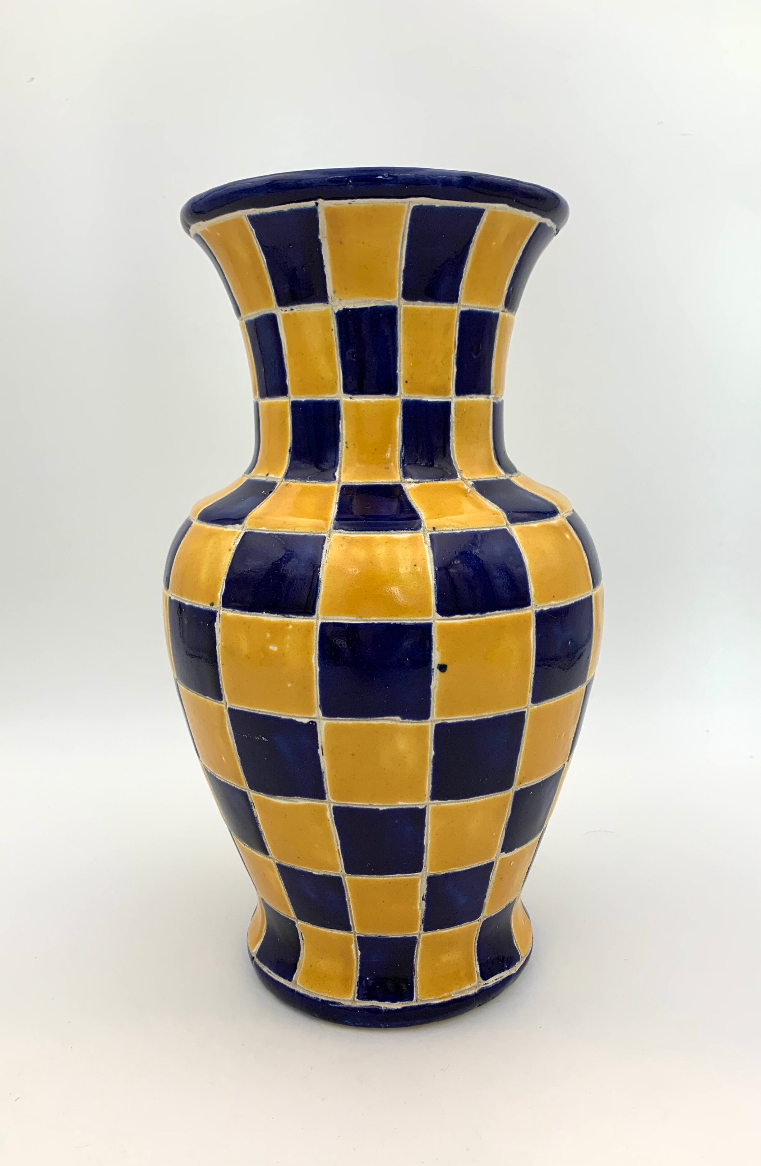Vintage ceramic vase, blue and yellow checkerboards - 1950s-1960s