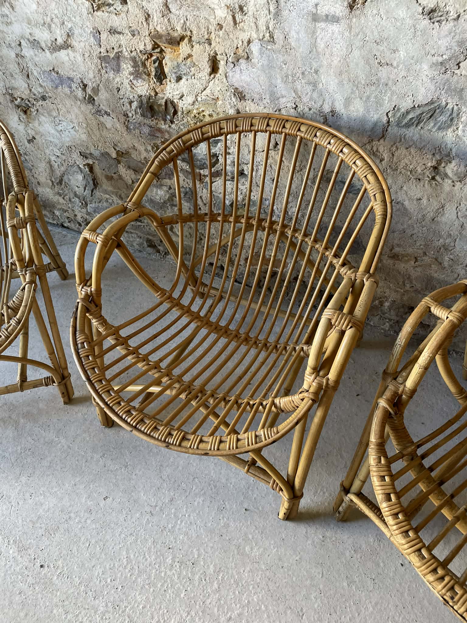 Vintage wicker armchair from the 1970s.