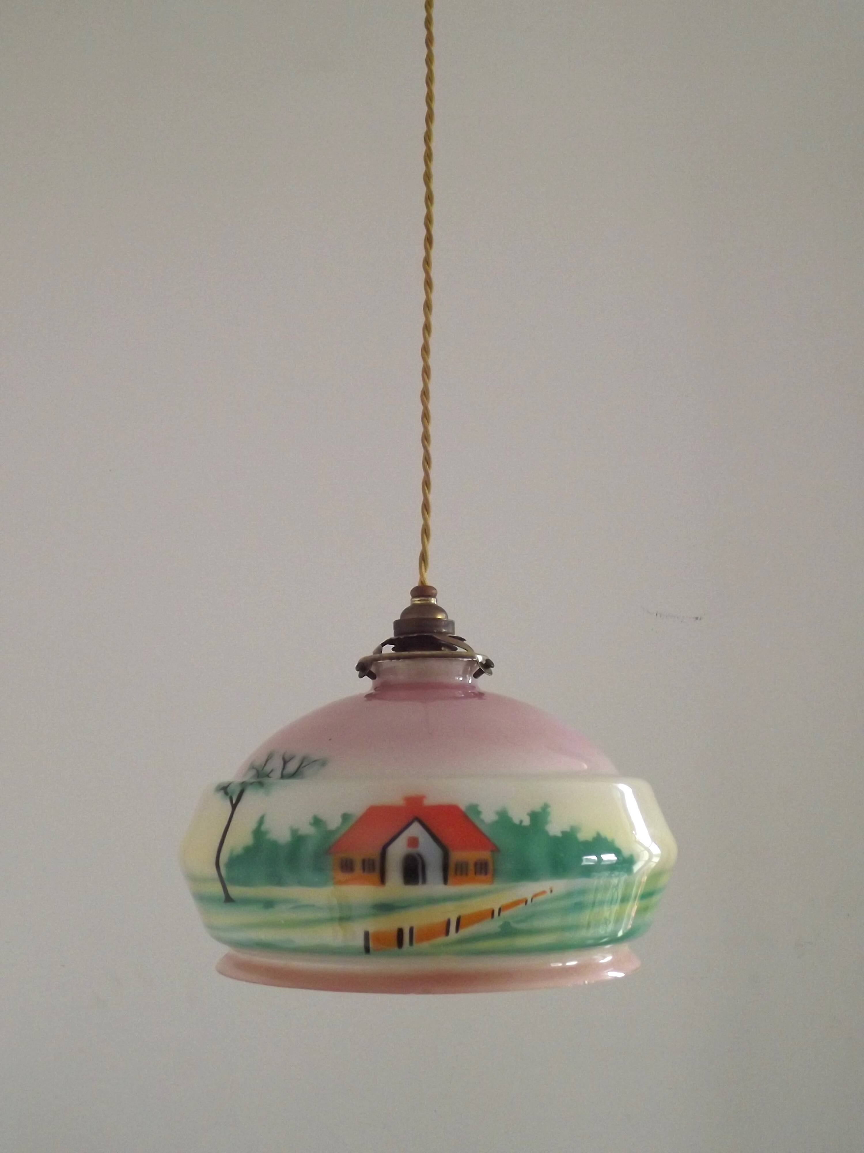 French Art Deco Pink & Cream Pendant Light with House and Tree Design