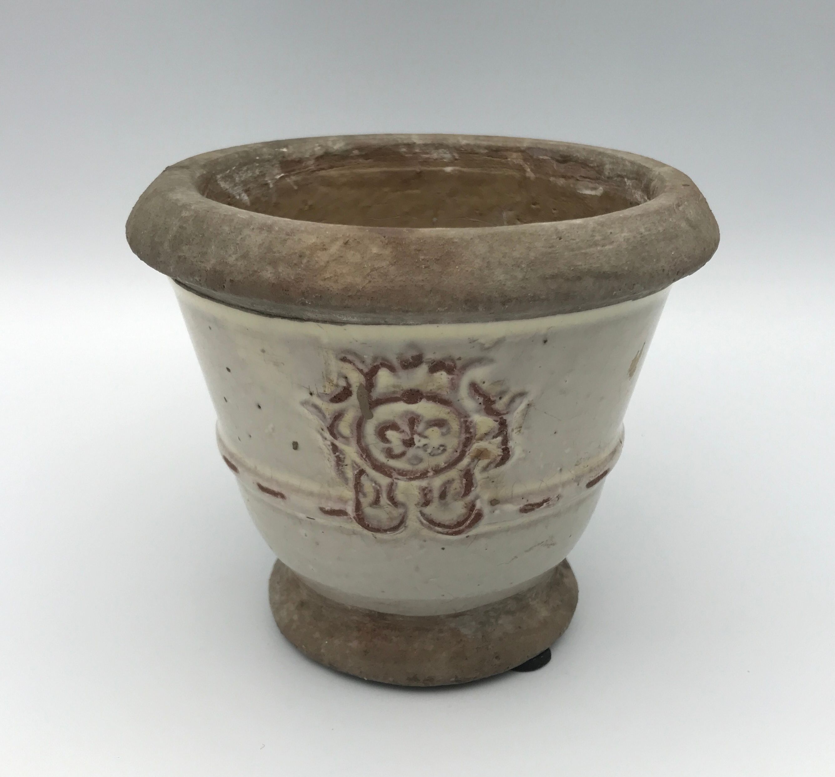 Cache-pot, poterie vintage en grès émaillée céruse à décor de médaillon