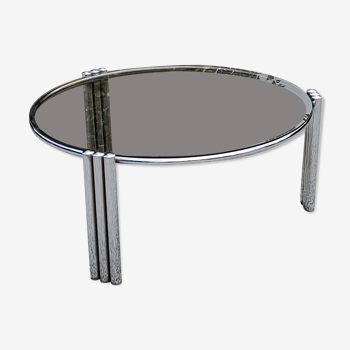 Table basse design des années 70 verre fumé piètement chromé Diamètre 84cm