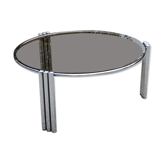 Coffee table design of the 70s smoked glass base chrome Diameter 84cm