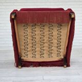 1960s, Danish armchair, cherry-red furniture velour, ash wood, original.