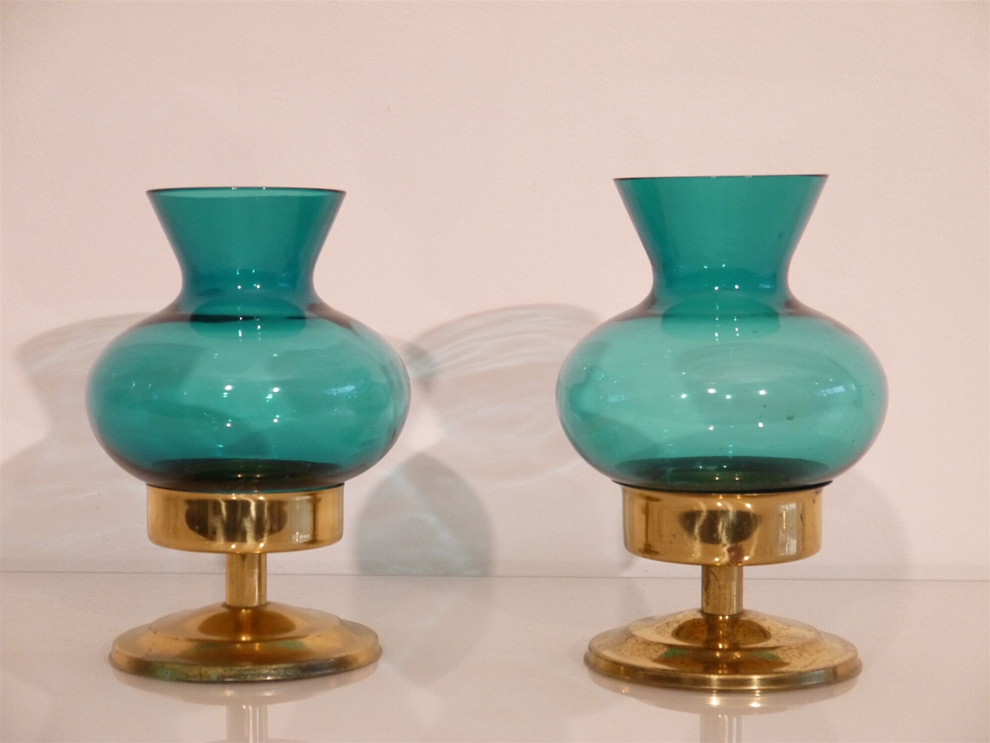 Pair of Scandinavian candlesticks in brass and coloured glass