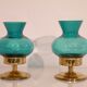 Pair of Scandinavian candlesticks in brass and coloured glass
