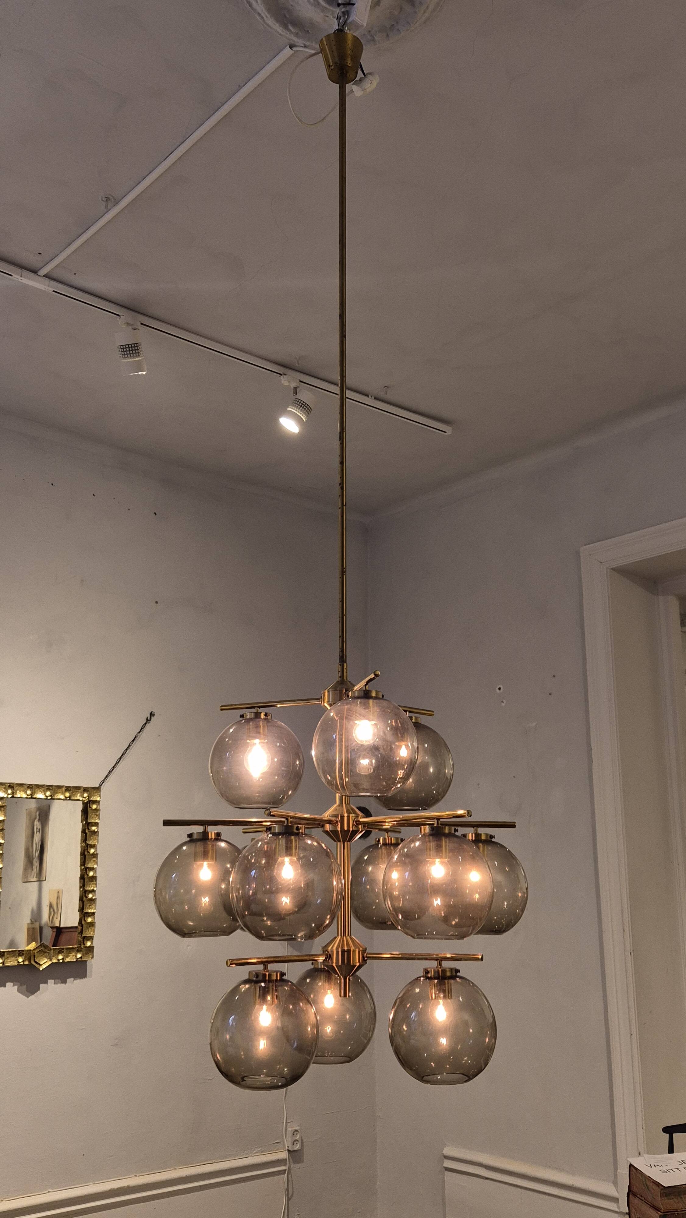 Holger Johansson, brass and grey glass chandelier, The Modern Scandinavian