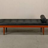 Scandinavian Daybed in Teak and Black Leather attributed to Horsens Møbelfa