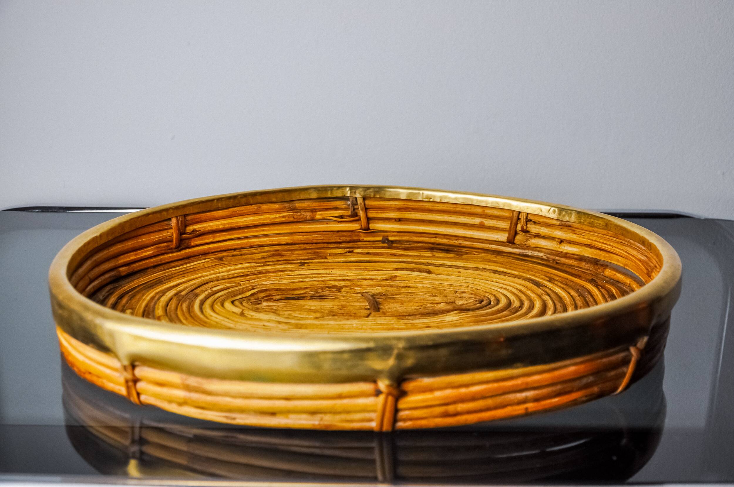 Rattan and brass tray, Italy, 1970