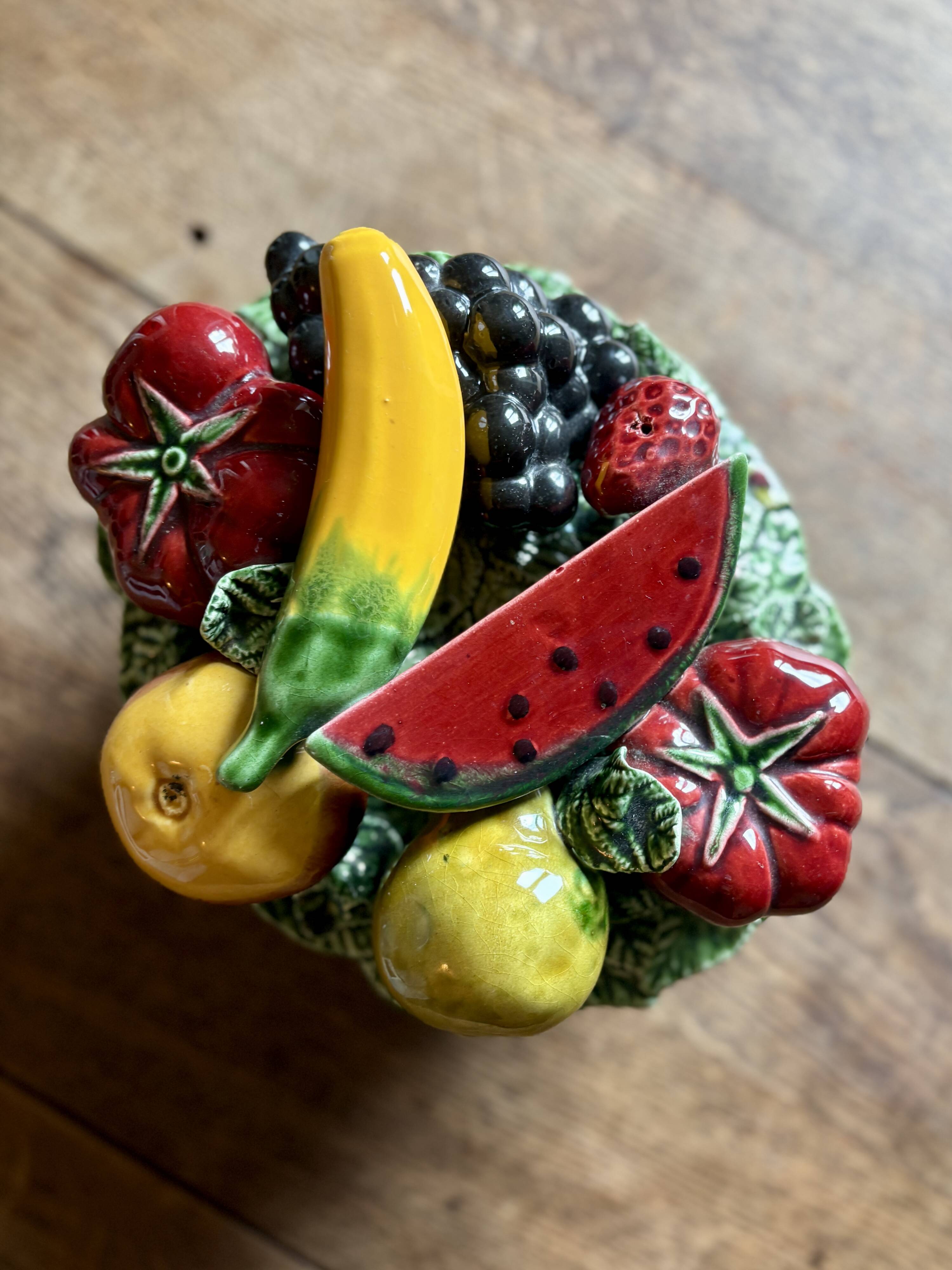 Vintage barbotine dish with fruit decorations