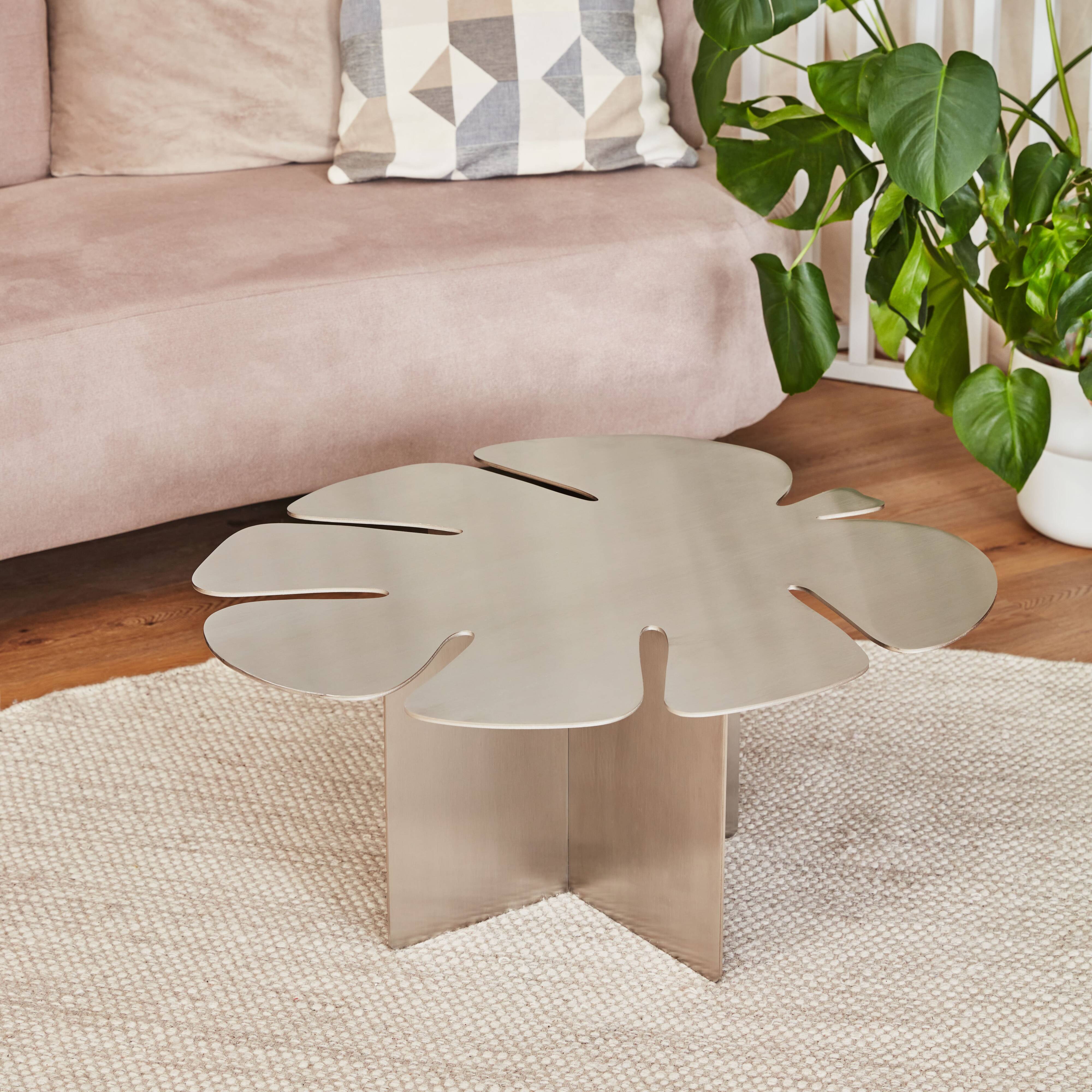Table basse feuille Monstera – Acier inox brossé – Design sculptural
