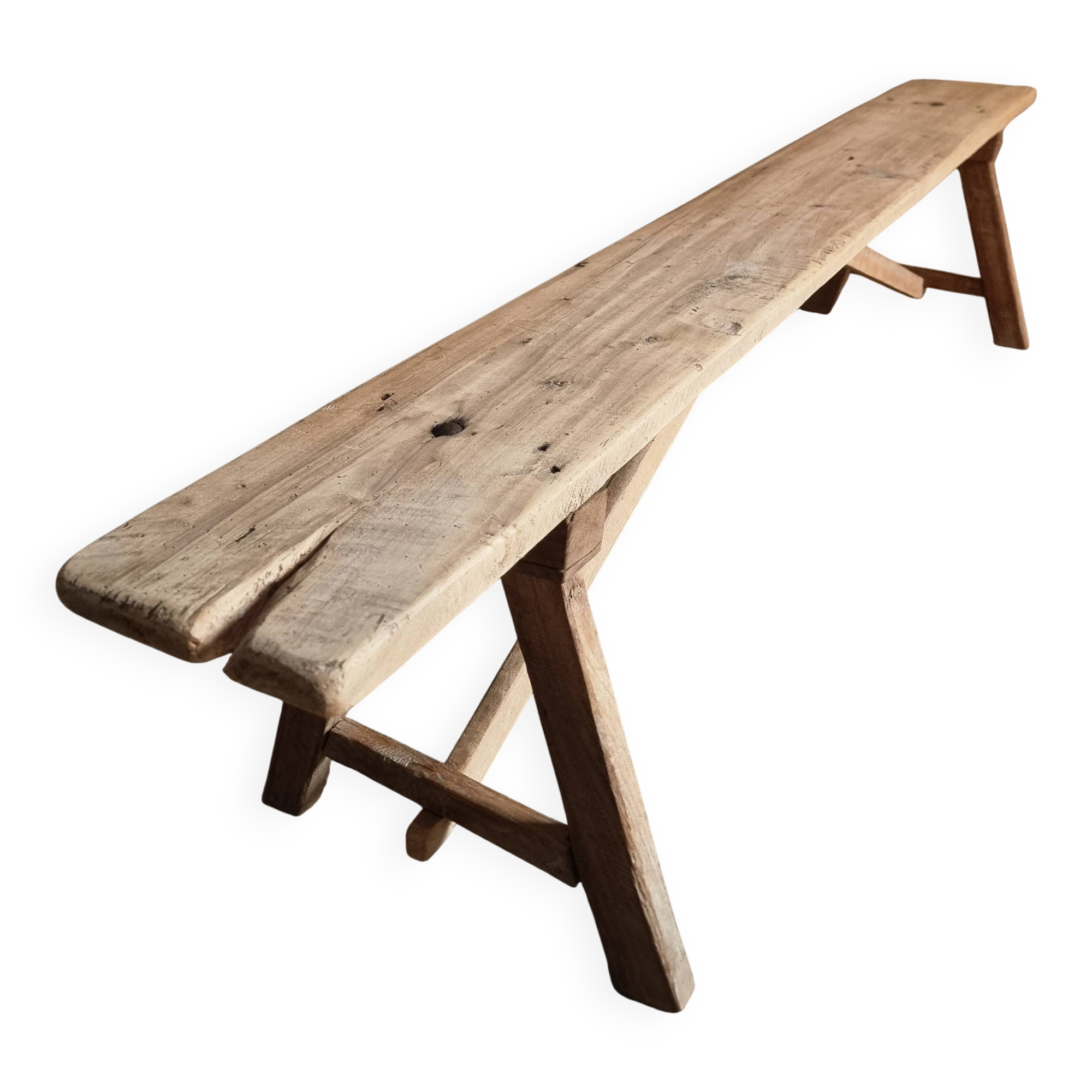 French antique wooden bench – Rustic farmhouse bench – Poplar and chestnut – Late 19th century – 198 cm