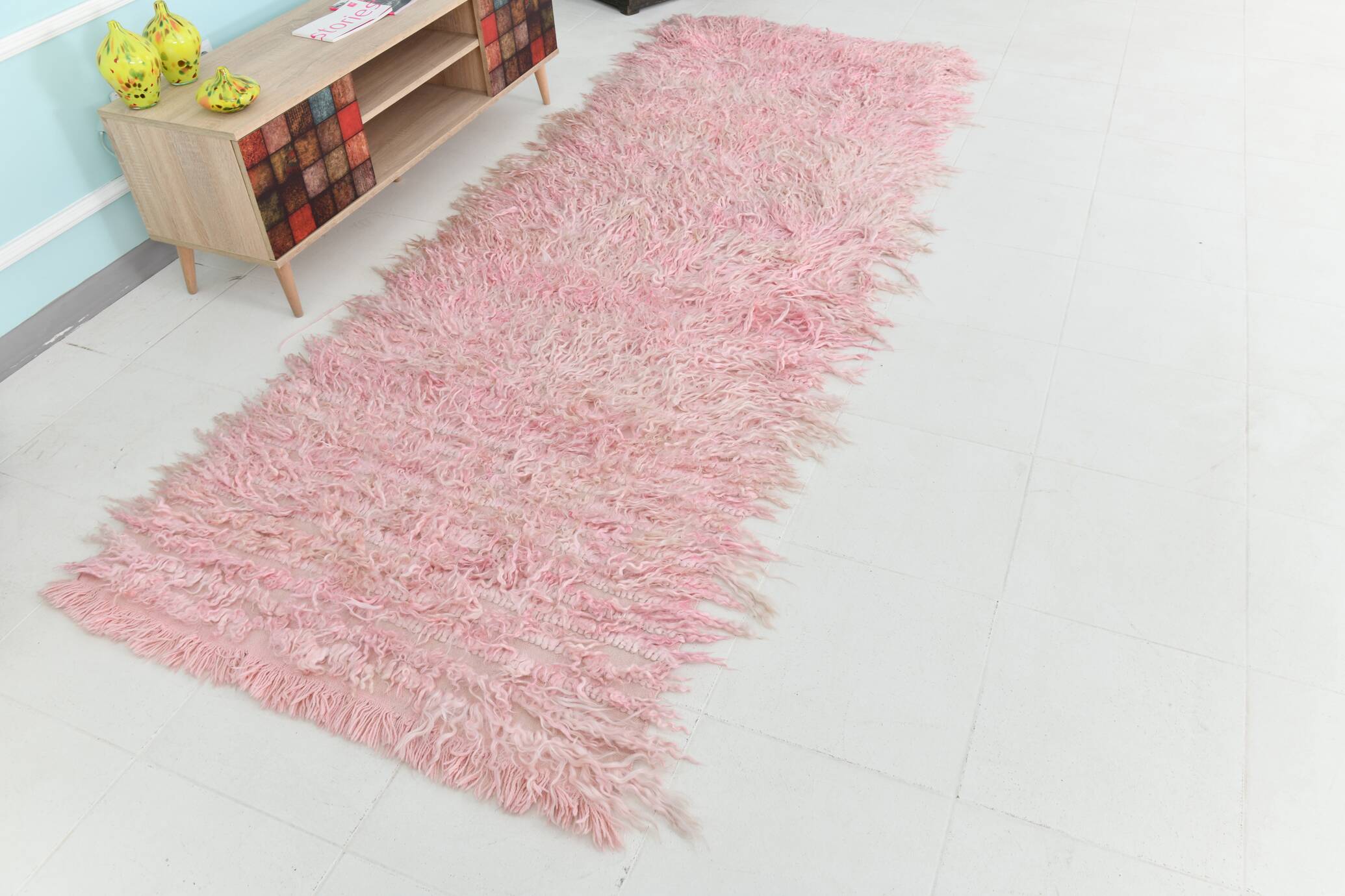 3x10 Soft Pink Wool Moroccan Runner Rug, 110x311Cm SK 70367