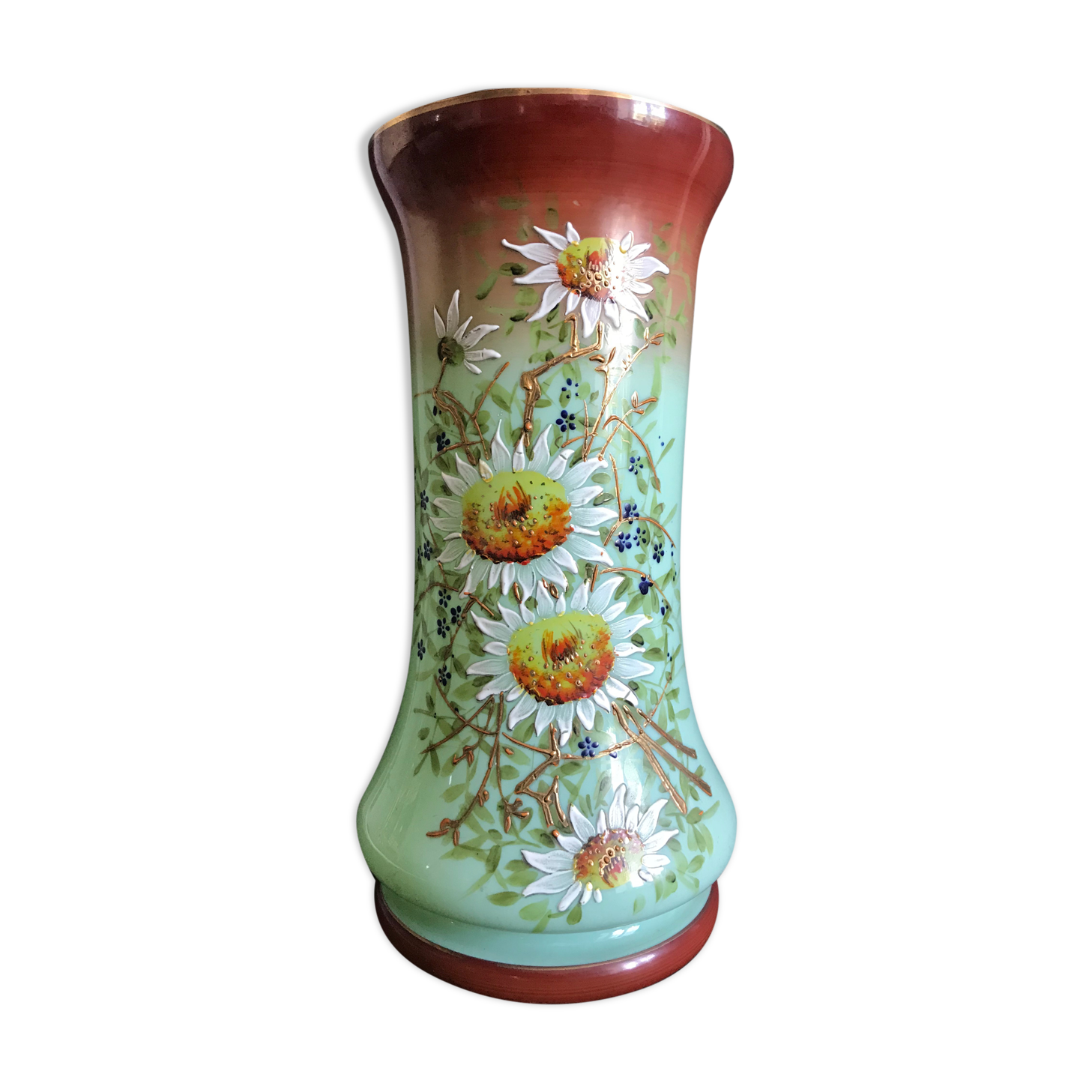 Vase Napoleon lll green opaline enamelled and gilded with fine gold