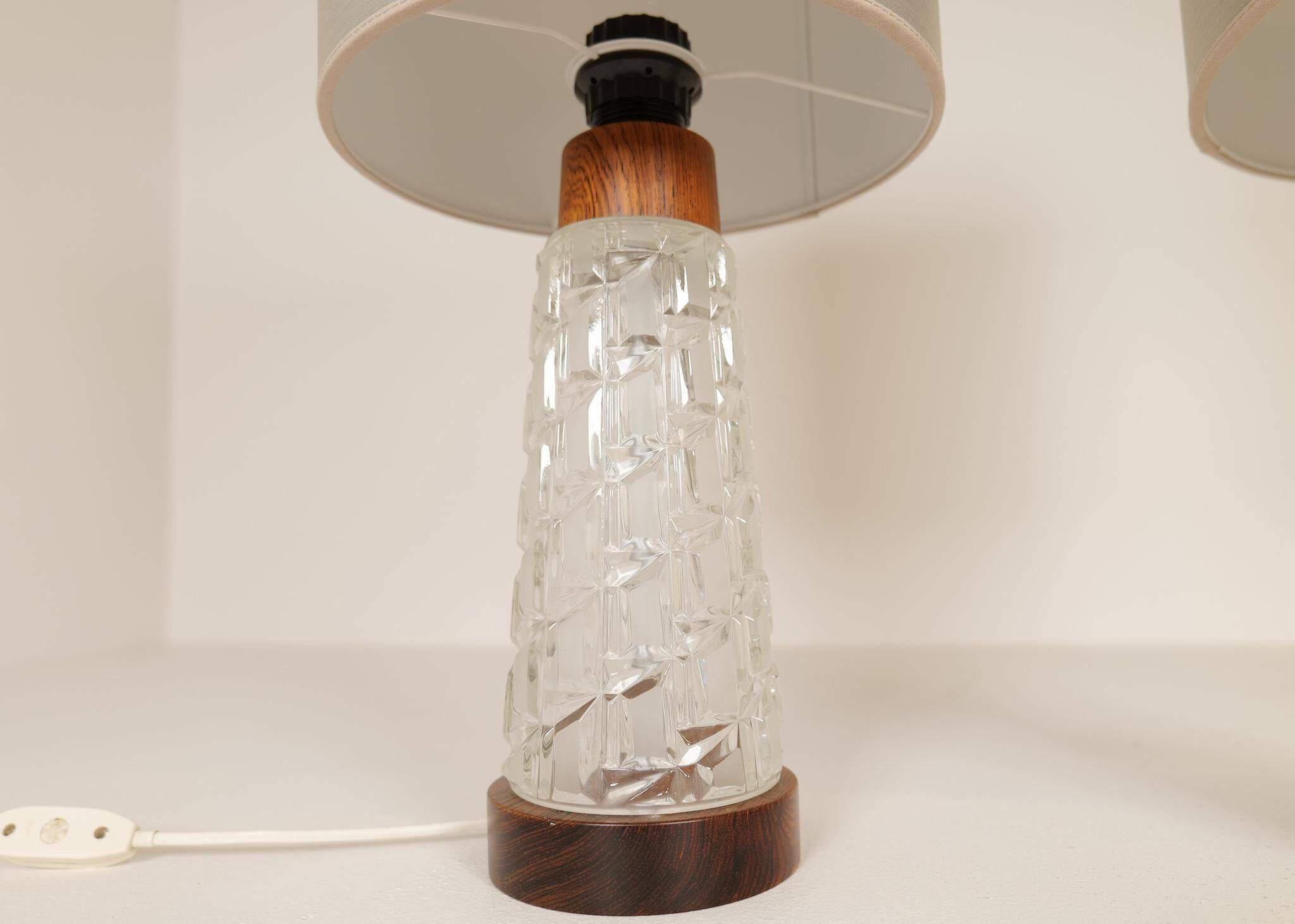 Midcentury table lamps Orrefors teak and glass Sweden