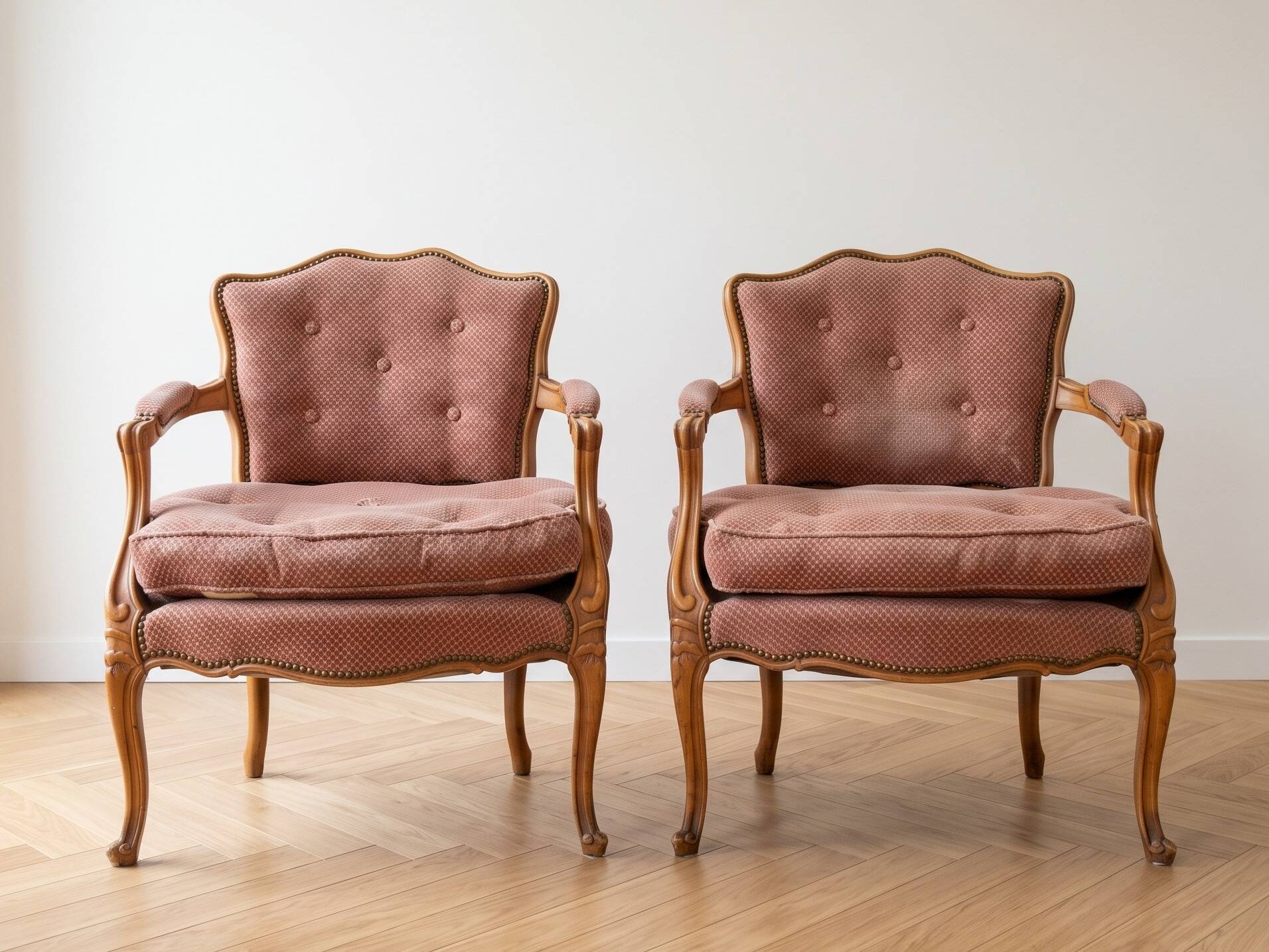 Pair of antique Louis XV armchairs in wood and pink fabric.