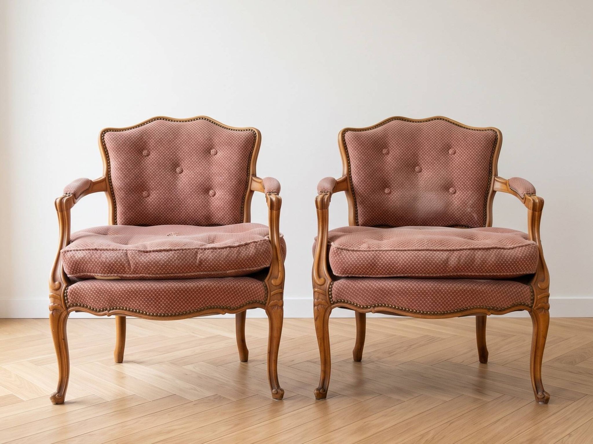 Pair of antique Louis XV armchairs in wood and pink fabric.