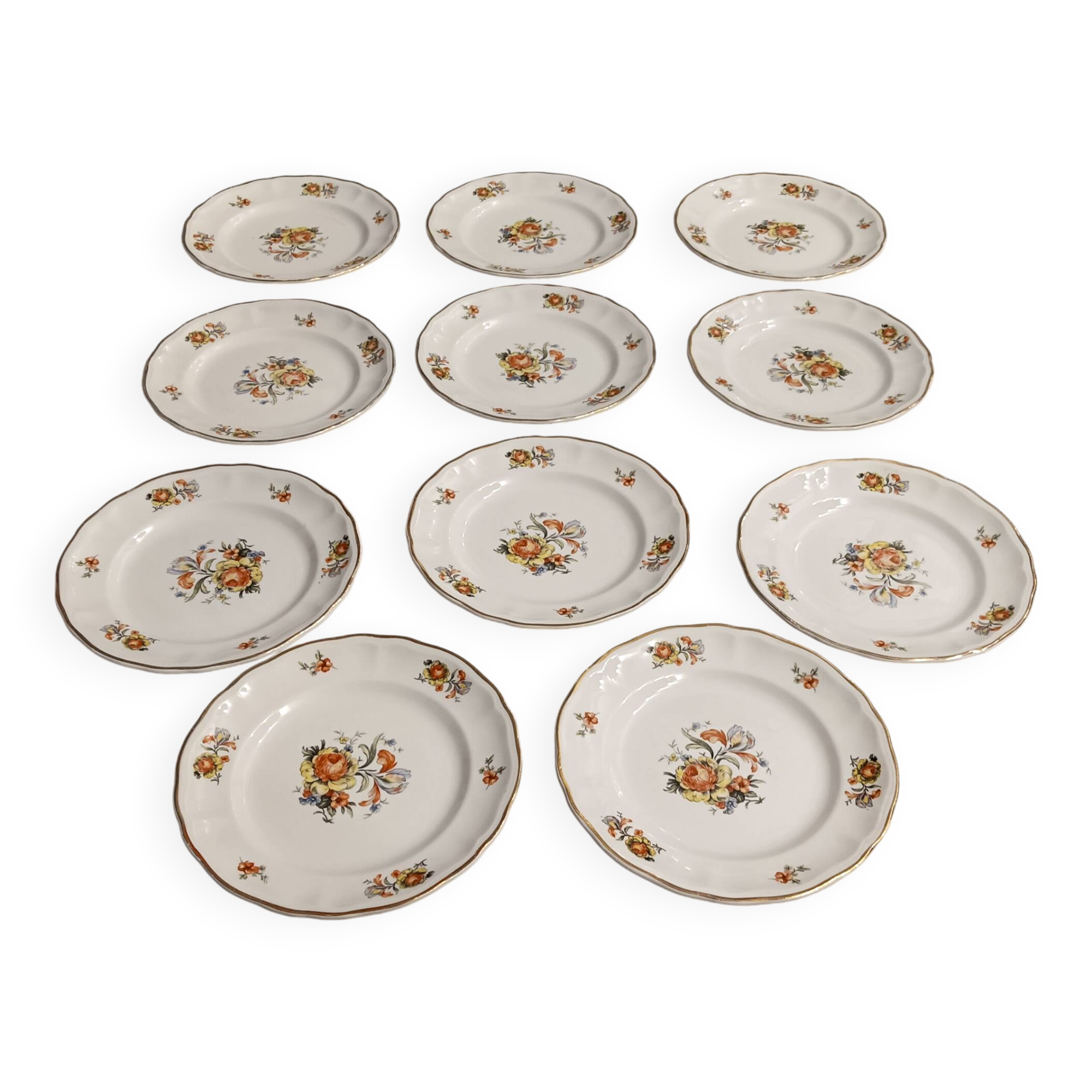 11 starter or dessert plates, KG Lunéville, Marie-Thérèse model - Yellow, blue floral patterns