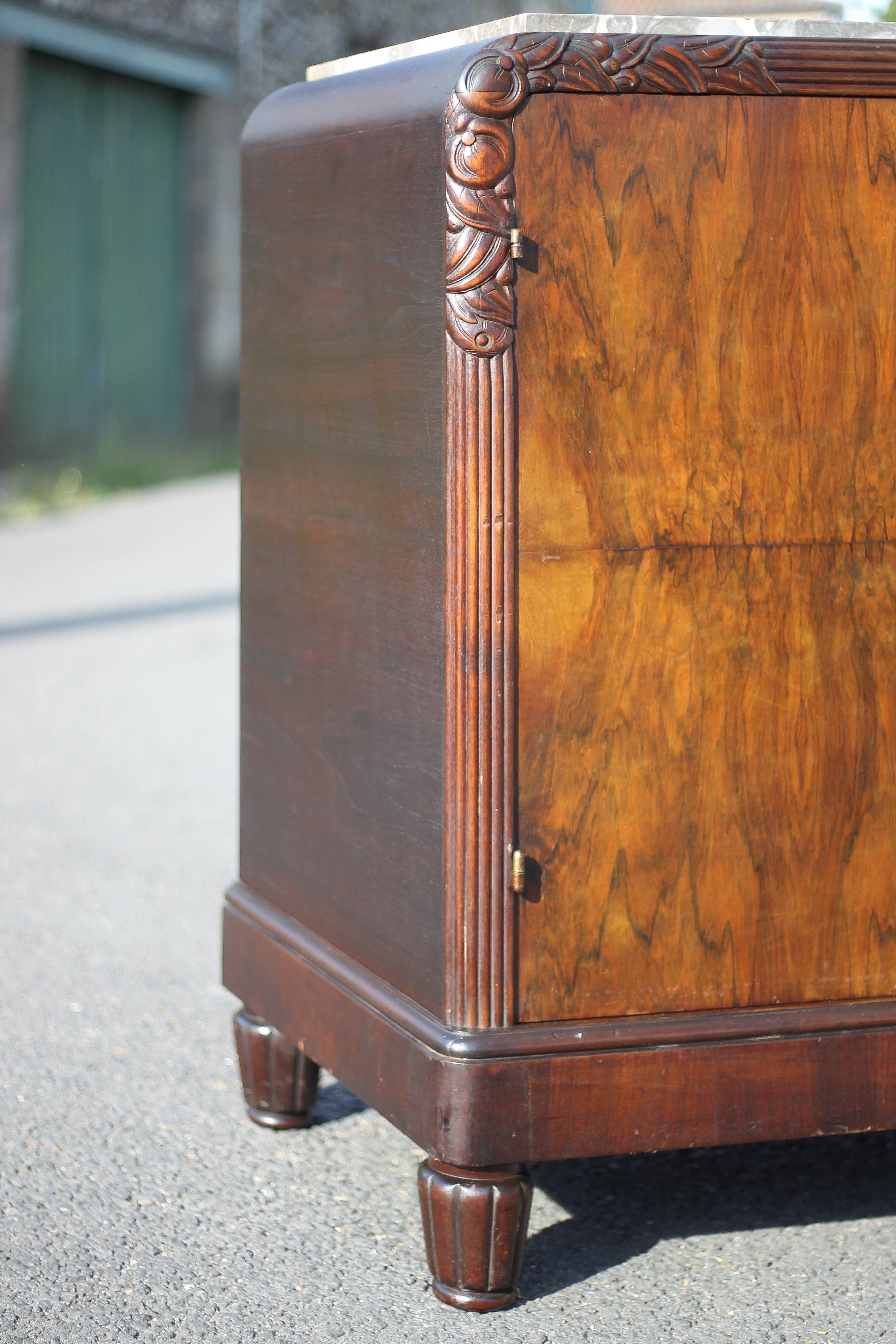 Buffet art déco 2 portes, meuble bois et marbre art déco