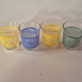set of 4 vintage liqueur glasses in yellow, green, and blue