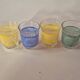 set of 4 vintage liqueur glasses in yellow, green, and blue