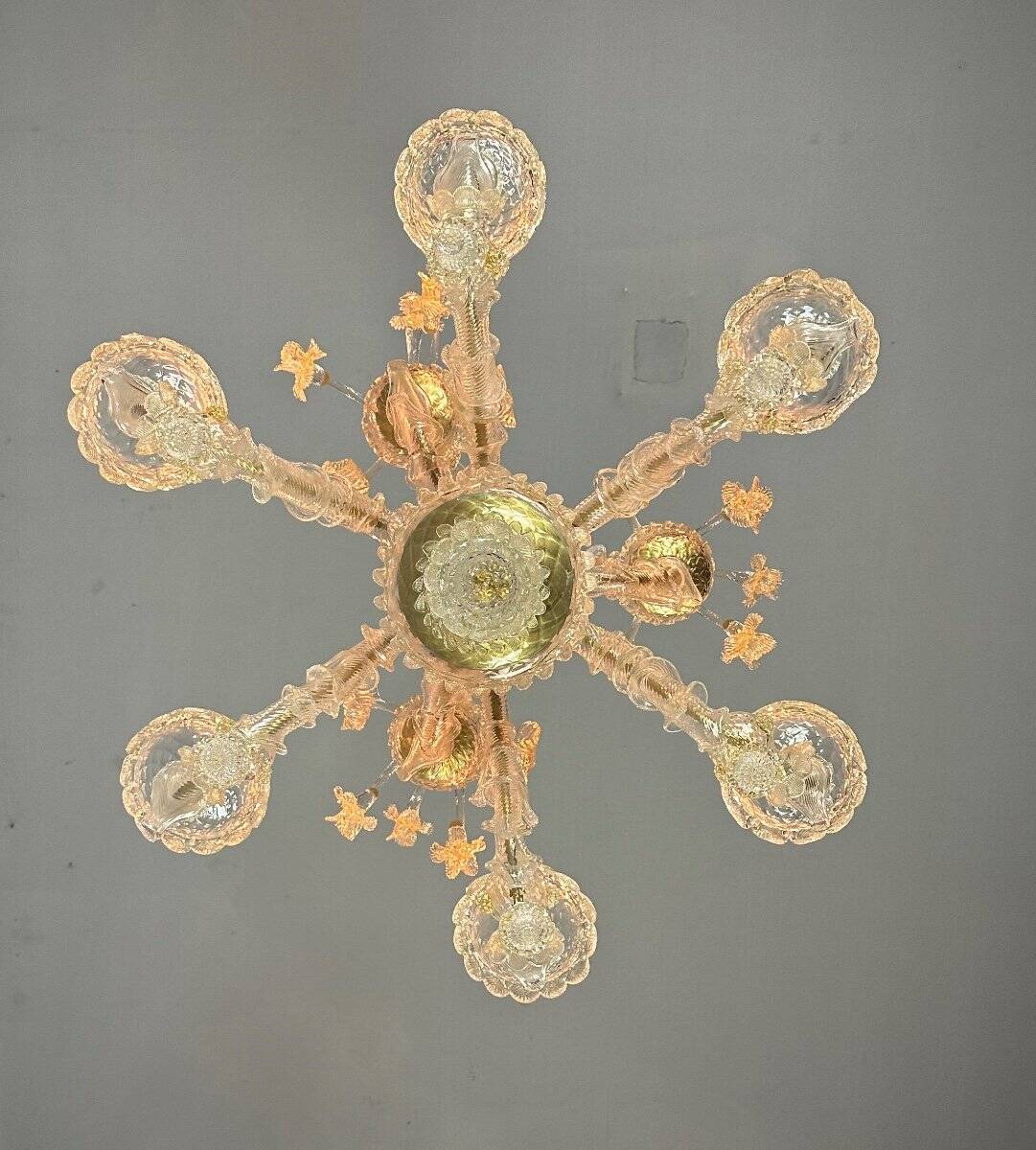 Venetian rezzonico chandelier in golden murano glass, 6 arms of light circa 1930